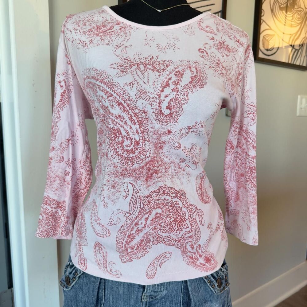 Beaded Pink Y2K Paisley Top - Vintage 3/4 Sleeve Tee with Pink Beading & Designs